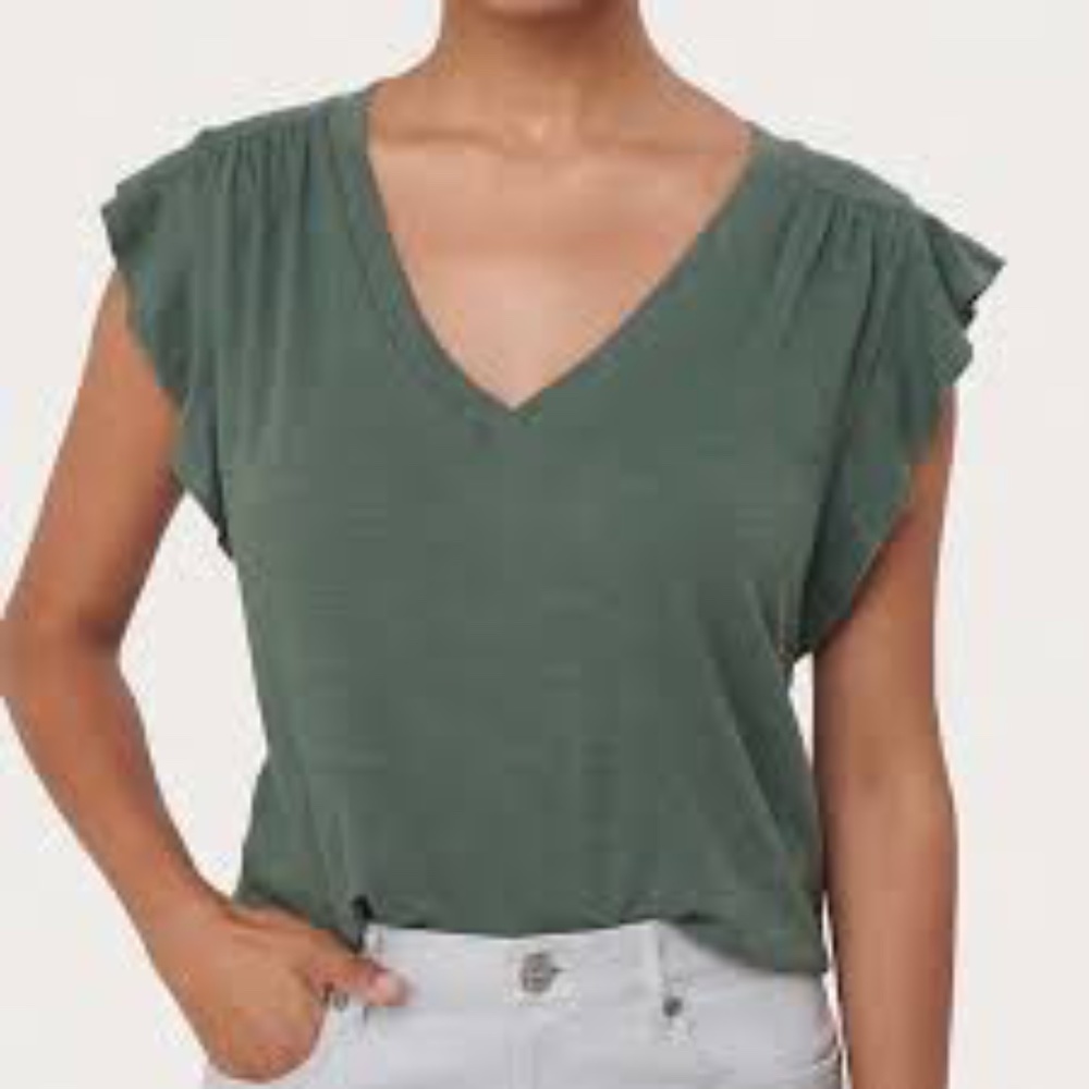 NWT RUFFLE SLEEVE V-NECK TEE - DARK SEA GREEN